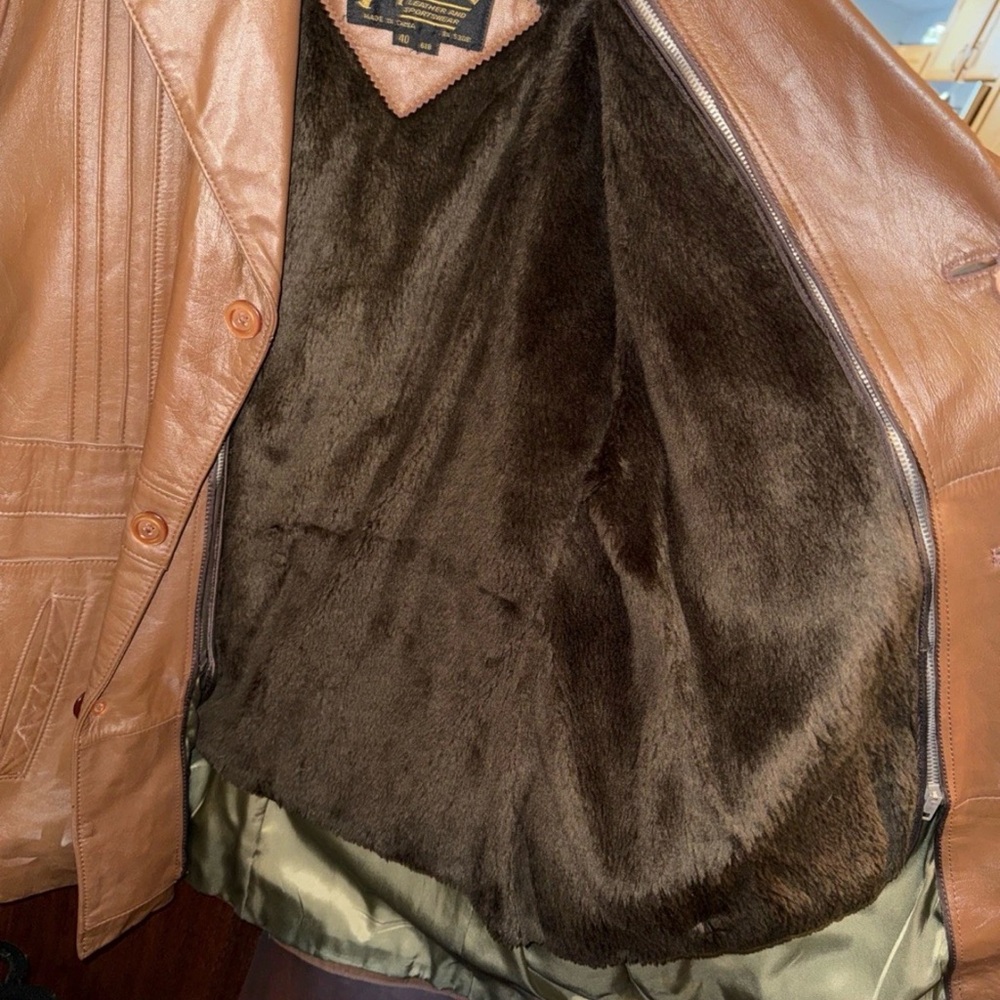 Vintage Imperial Brown Leather Coat Men’s Size 40L Made in Korea Faux Fur - Picture 3 of 7